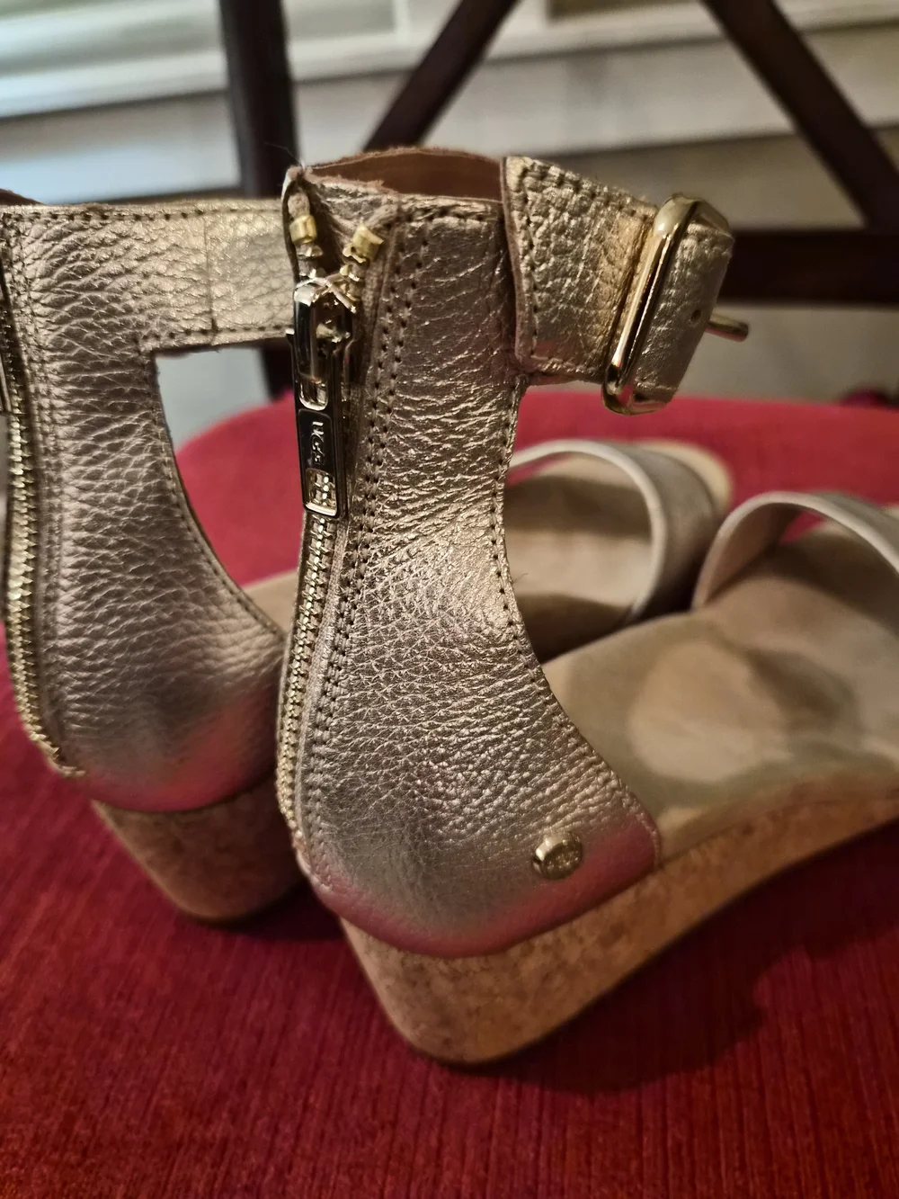 UGG Metallic Pale Gold Cork Wedge Sandals with Ankle Strap